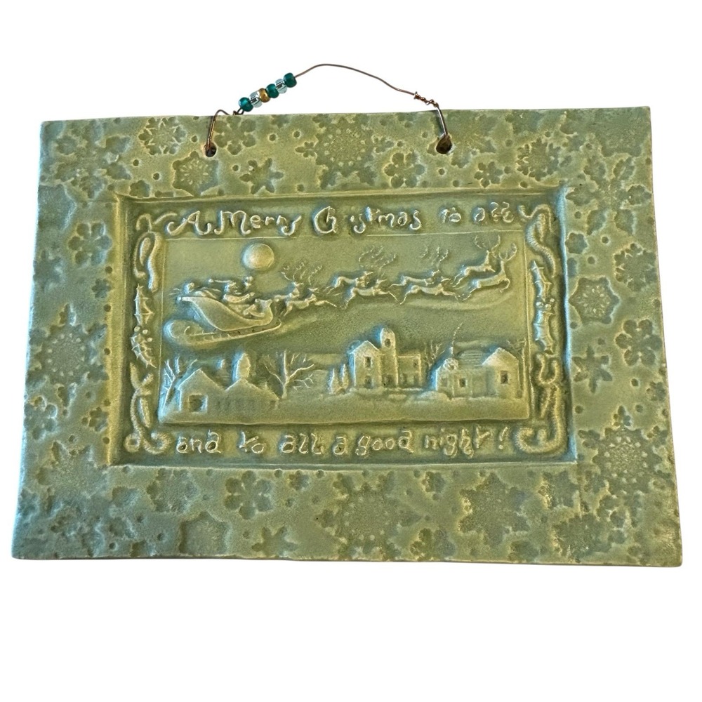 Merry Christmas and to All Wall Plaque Sign Hanging Wall Tile Green Santa Sleigh